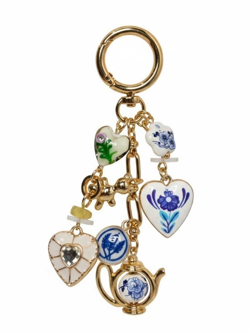 🤍▪️piper k▪️ UK Gold and White Teapot Glass/Glass Stones Floral Bag Charm - Picture 1 of 10